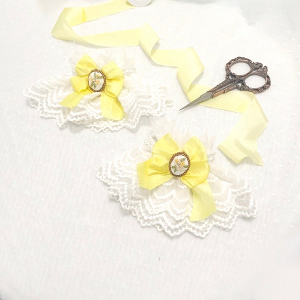 Lady April- Daffodil Embroidered Lace and Pearl Lolita Wrist Cuffs