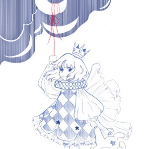 May include: A blue and white checkered dress with a star pattern and a white cape. The dress is worn by a girl with a crown on her head. She is holding a blue stuffed animal and a red string attached to a crescent moon.