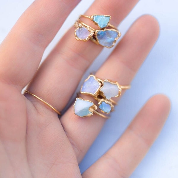 Raw Opal Ring • Whimsigoth Rings for Women • Genuine Australian Opal • Boho Gemstone Stacking Rings • 24k Gold Dip • Handmade by Ringcrush