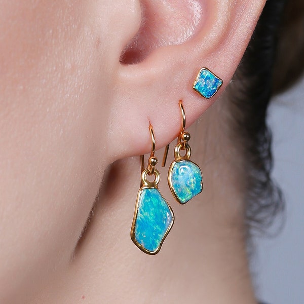 Mismatched Fire Opal Earrings • Natural Raw  Australian Opals • Asymmetrical Summer Jewelry • October Birthstone • Handmade Earrings