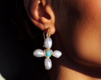 24k Gold Filled Baroque Pearl and Raw Turquoise Cross Earrings