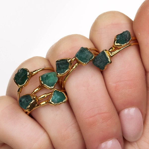 Raw Emerald Ring for Women • Unique Crystal Ring • Gold Fill • Handmade Witchy Fall Jewelry • Whimsigoth Gemstone • May Birthstone • 24k Dip
