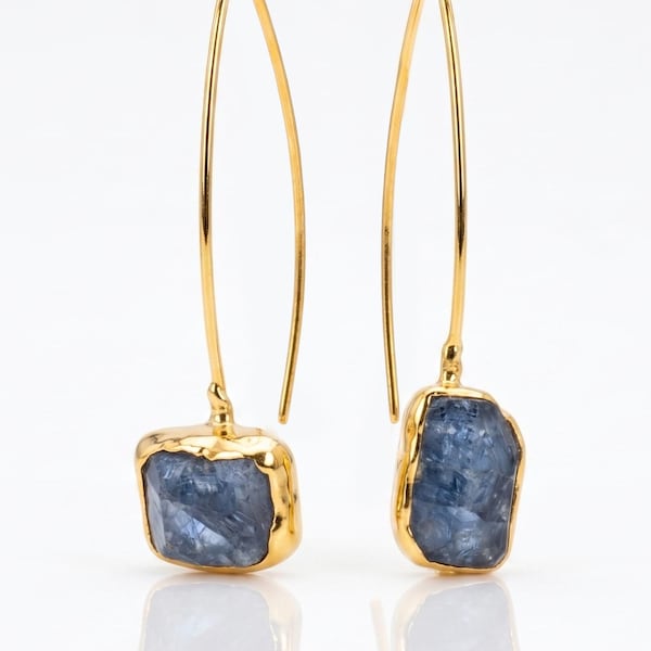 Mismatched Raw Sapphire Dangle Earrings - 24k Gold Filled