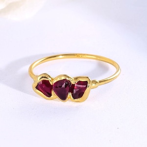 Three Stone Raw Garnet Ring - 24k Gold Filled