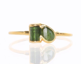 Toi et Moi Green Tourmaline Ring by Ringcrush • Two Stone Ring • Alt Engagement or Wedding Band • Summer Jewelry • Ringcrush