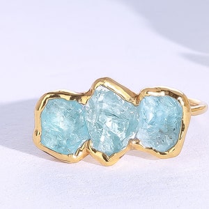 New Triple Raw Aquamarine Ring • Gold Filled • Chunky Gemstone Statement Jewelry • March Birthstone • Pisces  • 24k Dip • Handmade