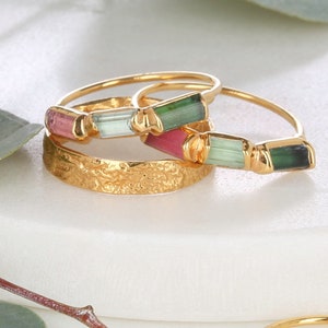 Watermelon Tourmaline Baguette Ring - 24k Gold Filled