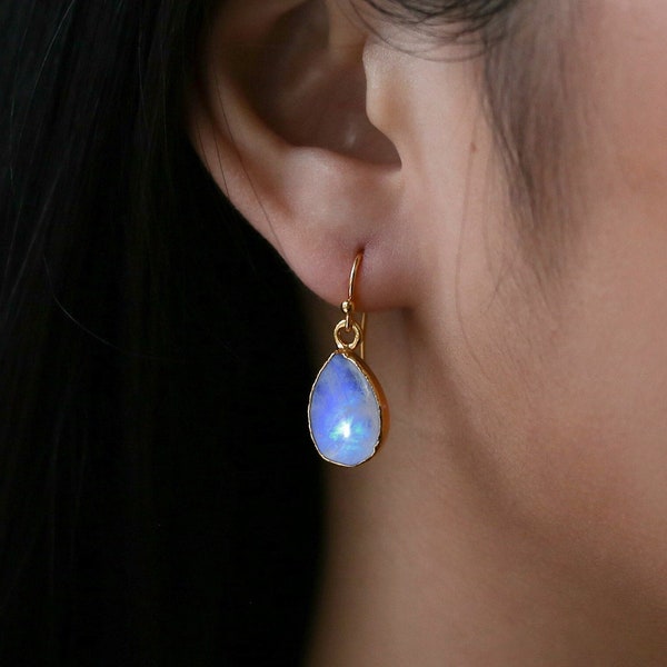 Blue Moonstone Earrings • Dangle Drop Earrings • Handmade Gold Earrings • Rainbow Moonstone Jewelry • June Birthstone • Natural Stone