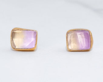 Cubic Raw Ametrine Stud Earrings • Gold Fill • Naturally Fused Amethyst + Citrine • Crystal Jewelry • February + November Birthstone