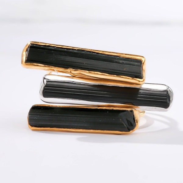 Raw Black Tourmaline Bar Ring • Gold Filled • Goth Ring for Women • Whimsigoth Black Stone • Protection Crystal • 24k Gold Dip • Ringcrush