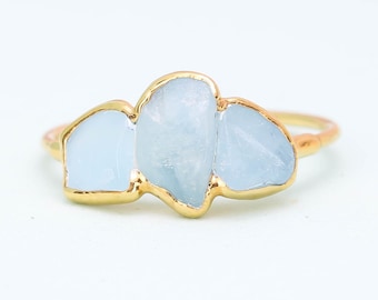 Triple Raw Aquamarine Ring, 24k Gold Dipped, Raw Three Stone Ring, Stackable March Birthstone, Unique Handmade Raw Gemstone Gifts • 24k Dip