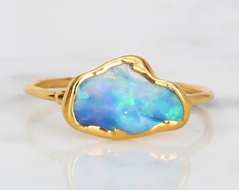 Raw Opal Ring for Women • Australian Opal • Black Fire Opal Jewelry • October Birthstone Gift • Libra • Handmade Jewelry • Gold Filled Band