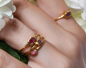 Mini Raw Ruby Ring for Women • Gold Filled • Dainty Alt Engagement Ring • July Birthstone • Gemstone Crystal Jewelry  • 24k Dip • Handmade