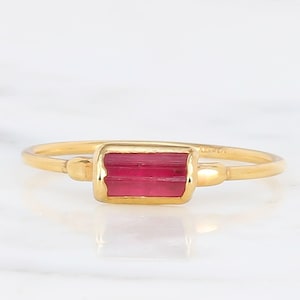Raw Pink Tourmaline Baguette Ring: Gold Filled Band, October Birthstone