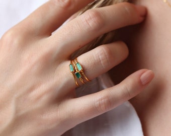 Panjshir Raw Emerald Baguette Ring • Gold Filled • Alt Engagement Ring • Genuine Gemstone Crystal Jewelry • Minimalist and Dainty  • 24k Dip