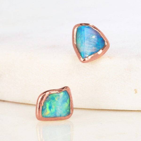 Mini Raw Opal Earrings • Rose Gold Fill • Black Australian Fire Opal • Mismatched Studs • October Birthstone • Fall Jewelry • by Ringcrush