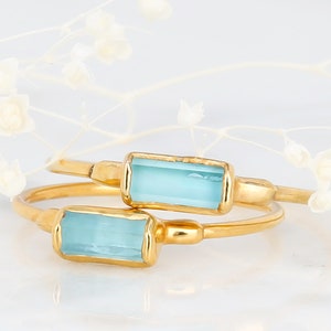 Aquamarine Baguette Ring • Gold Filled • Genuine Minimalist Raw Gemstone Jewelry • March Birthstone • Perfect Alt Engagement Ring • 24k Dip