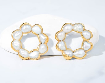 Daisy Pearl Cluster Earrings, Gold Fill w/ 24k Dip, Eternity Baroque Freshwater Pearls,  June Birthstone Studs, Pearl Bridal Earrings