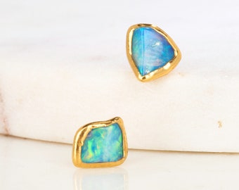 Mini Raw Opal Earrings by Ringcrush • 24k Dip Gold Fill • Black Australian Fire Opal • Cute Mismatched Minimalist Studs • October Birthstone