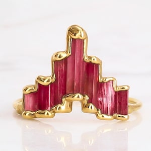 Art Deco Pink Tourmaline Ring: Gold Geometric Statement Jewelry