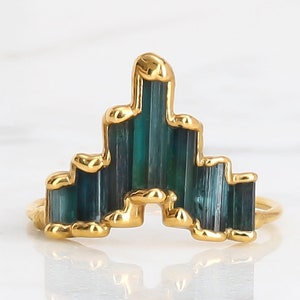 Gold Art Deco Blue Tourmaline Ring for Women • Statement Raw Gemstone Ring • Witchy Fall Jewelry • Indicolite Tourmaline Jewelry • Handmade