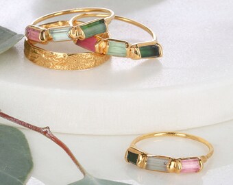 Tourmaline Baguette Ring by Ringcrush Pink Green Crystal Ring
