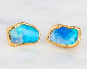 Raw Opal Earrings, Raw Stone Earrings, Gold Opal Stud Earrings, Unique Gift, Dainty Earrings, October Birthstone Earrings, Opal Jewelry
