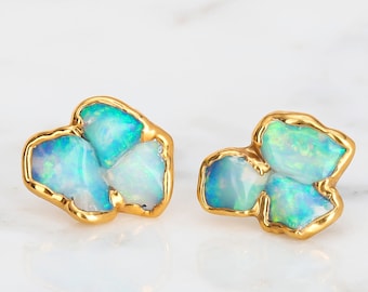 Mini Raw Opal Cluster Stud Earrings, Gold Earrings, Opal Earrings,  Earrings, Unique Gift, Dainty Earrings, October Birthstone