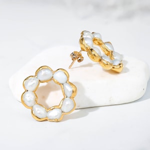 Daisy Pearl Cluster Earrings, Gold Fill w/ 24k Dip, Eternity Baroque Freshwater Pearls,  June Birthstone Studs, Pearl Bridal Earrings