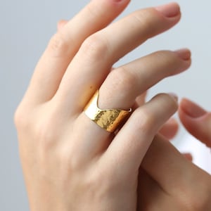 Yellow Gold Textured Extra Wide Cigar Band Ring • Sterling Silver with 24k Dip • Hammered Look Reticulated Texture • Chunky Jewelry