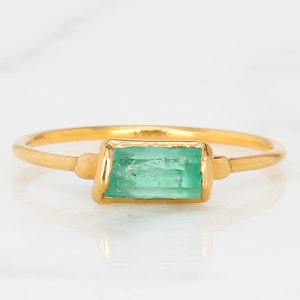 Panjshir Raw Emerald Baguette Ring • Gold Filled • Alt Engagement Ring • Genuine Gemstone Crystal Jewelry • Minimalist and Dainty  • 24k Dip
