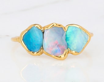 Triple Raw Opal Ring for Women, Gold Ring, Opal Ring, Unique Gift for Her, Gemstone Ring, Opal Engagement Ring, October Birthstone