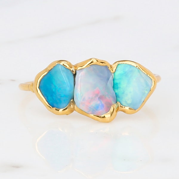 Triple Raw Opal Ring for Women, Gold Ring, Opal Ring, Unique Gift for Her, Gemstone Ring, Opal Engagement Ring, October Birthstone