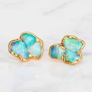 Raw Opal Cluster Studs: Gold Filled Flower Earrings