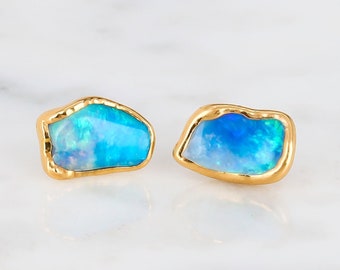 Opal Earrings • Raw Australian Opal Studs • Genuine Fire Opal Jewelry • Unique October Birthstone Gift • Boho Fall Jewelry • Ringcrush