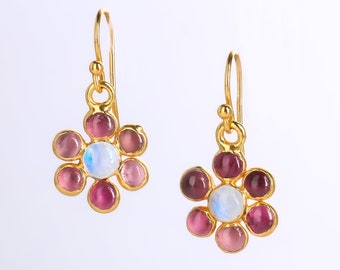 Gemstone Flower Earrings • Blue Rainbow Moonstone Pink Tourmaline Jewelry • October Birthstone / June Birthstone • Unique Earrings • 24k Dip