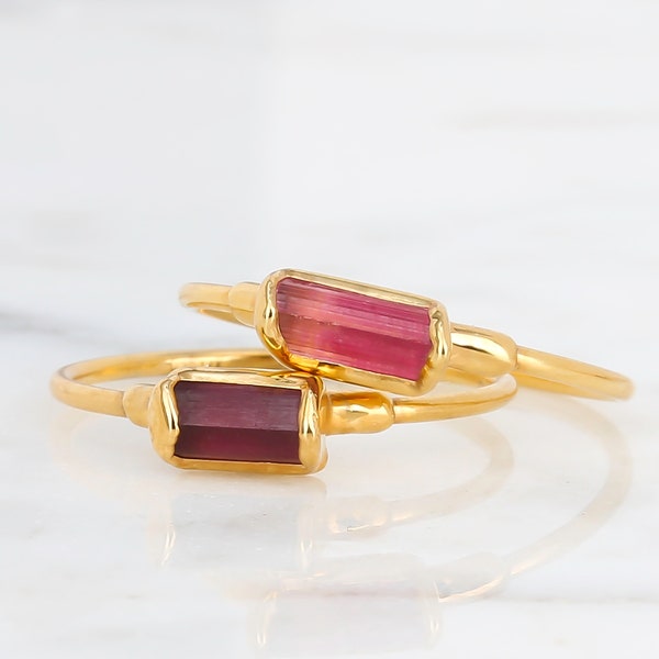 Pink Tourmaline Baguette Ring • Ruby Colored Rubellite • October Birthstone • Raw Pink Stone • Gold Fill Band • Fall Jewelry • Ringcrush