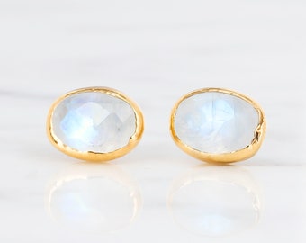 Raw Moonstone Earrings • Rainbow Moonstone Studs • June Birthstone • Gold Filled • Handmade Fall Jewelry • Whimsigoth • Raw Gemstone