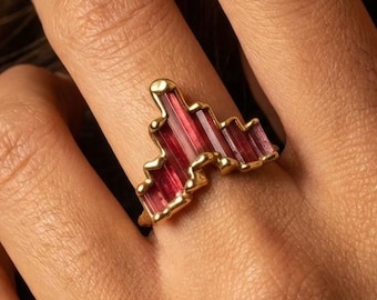 Art Deco Pink Tourmaline Ring: Gold Geometric Statement Jewelry