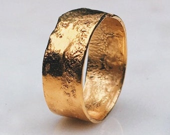 7mm Textured Cigar Band • Unique Rustic Hammered Mens Ring • Chunky Wide Byzantine Wedding Band • Sterling Silver with 24k Gold Dip