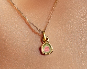 24k Gold Filled Mini Watermelon Tourmaline Necklace • Evil Eye Stone • Green and Pink Tourmaline