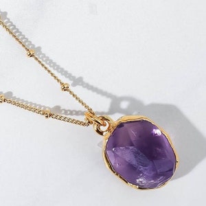 Geo Raw Amethyst Necklace, Gold Filled Beaded Chain, 24k Dip, Raw Gemstone Crystal Pendant, Ships Fast, Made in USA • 24k Dip • Handmade