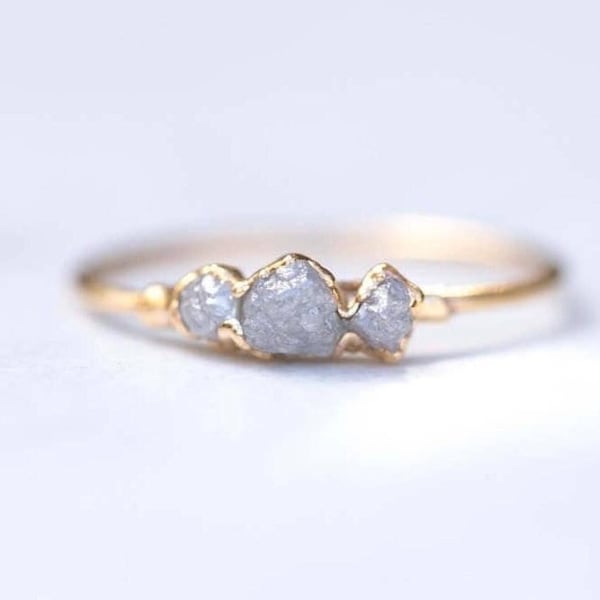 Triple Raw Diamond Ring • Unique Gift for Her • Dainty Delicate Alt Engagement Ring • April Birthstone • Silver Yellow Rose Gold • Handmade