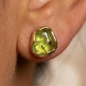 Raw Peridot Stud Earrings - 18k Rose Gold Filled image 1