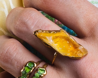 Vertical Large Raw Citrine Ring - 24k Gold Filled