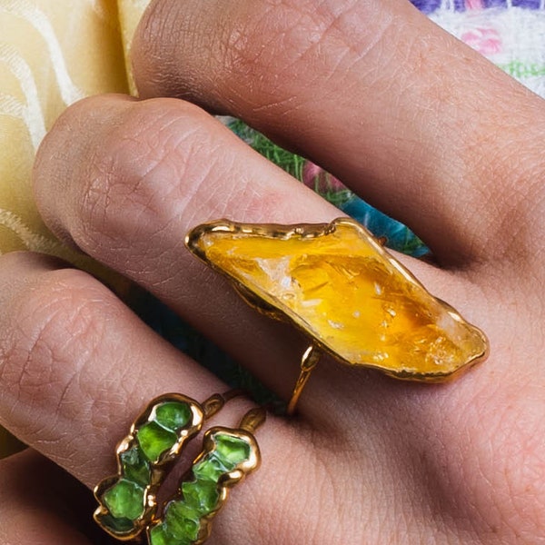 Vertical Large Raw Citrine Ring • Gold Filled •  November Birthstone • Witchy Fall Gemstone Ring • Statement Crystal Jewelry • 24k Dip