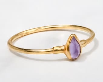 Tear Drop Dainty Amethyst Ring • Gold Fill • Organic Bezel • 1mm Tiny Thin Pear Cut 24k Dip Ring • Minimalist Style • Handmade Fall Jewelry