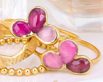 Pink Tourmaline Fleur Ring • Pink Stone Ring • Funky Stackable Gemstone Jewelry • October Birthstone • Gold Fill and 24k Dip • by Ringcrush