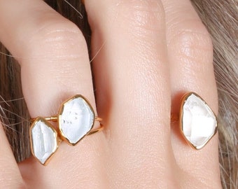 Grote ruwe Herkimer Diamond Ring voor vrouwen, ruwe kristallen ring, gouden ruwe diamantring, ruwe stenen ring, Boho ring, unieke verlovingsring