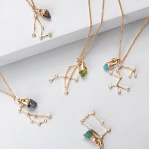 Gold Birthstone Zodiac Necklace • Astrology Crystal Jewelry • Pisces Taurus Gemini Virgo Libra Scorpio Sagittarius • Constellation Necklace